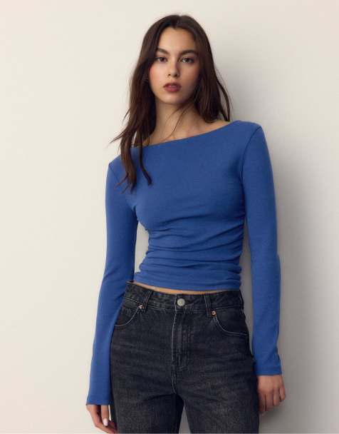 Stradivarius - T-shirt met lange mouwen en rimpeleffect in elektrisch blauw - view 1