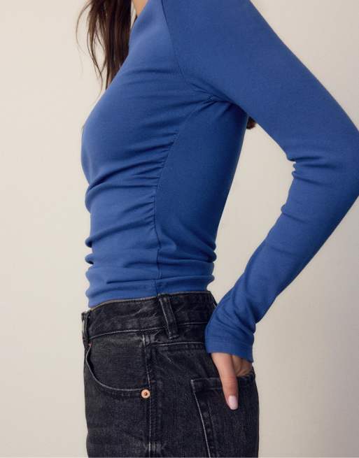 Stradivarius - T-shirt met lange mouwen en rimpeleffect in elektrisch blauw, 2 van 4
