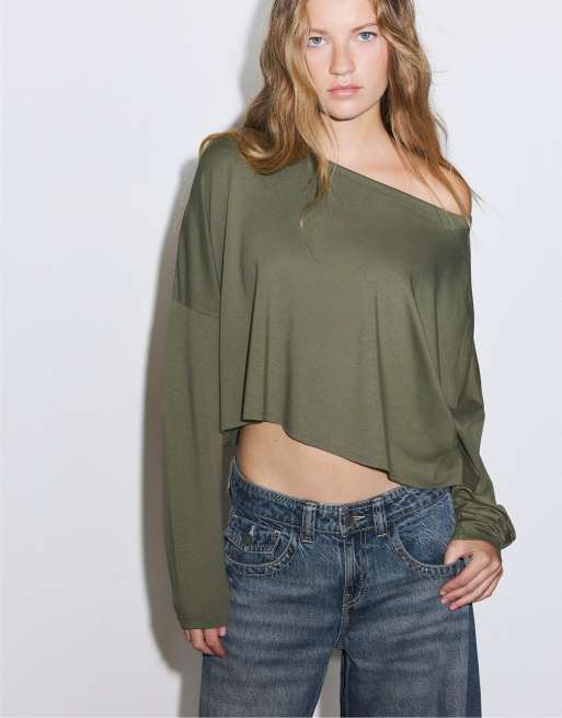 Stradivarius T-shirt met lange mouwen in kaki, 2 van 7