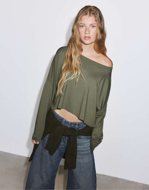 Stradivarius T-shirt met lange mouwen in kaki, 5 van 7
