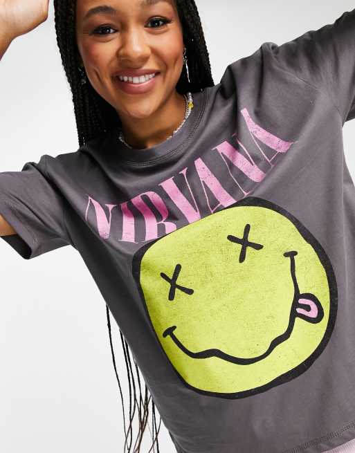 Stradivarius - T-shirt met 'Nirvana'-print in grijs met wassing
