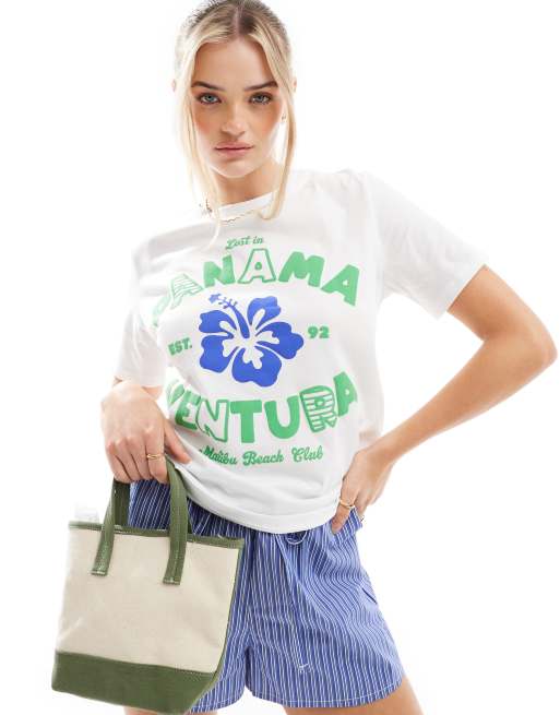 Stradivarius - T-shirt met 'Panama Ventura'-print in wit
