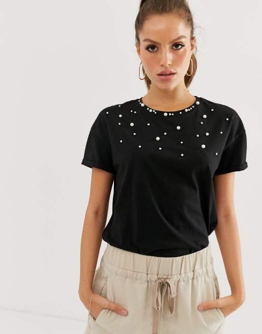 Stradivarius - T-shirt met pareltjes in zwart