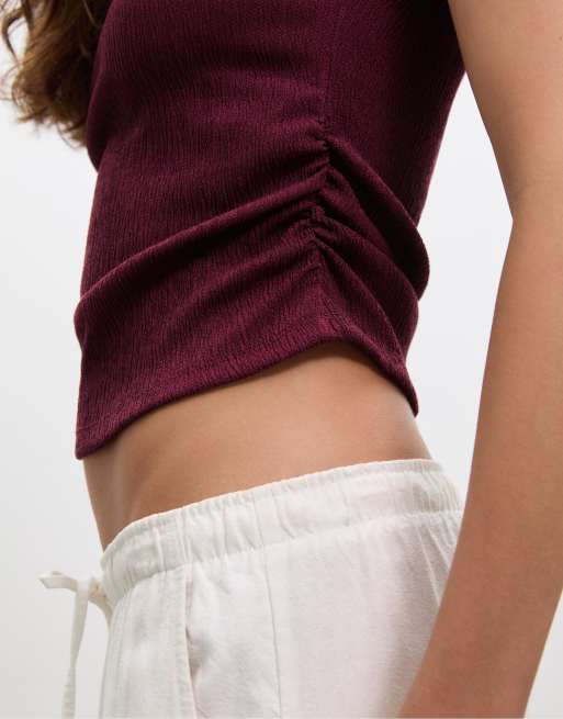 Stradivarius - T-shirt met textuur, kapmouwtjes en plooien in paars, 3 van 4
