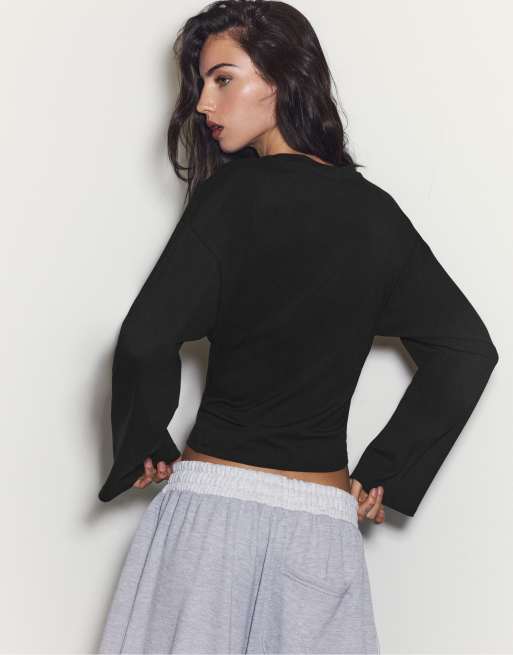 Stradivarius - T-shirt nera con maniche a kimono, 3 di 4