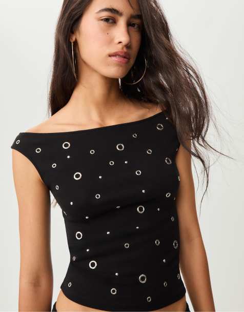 Stradivarius - T-shirt nera con occhielli - view 1