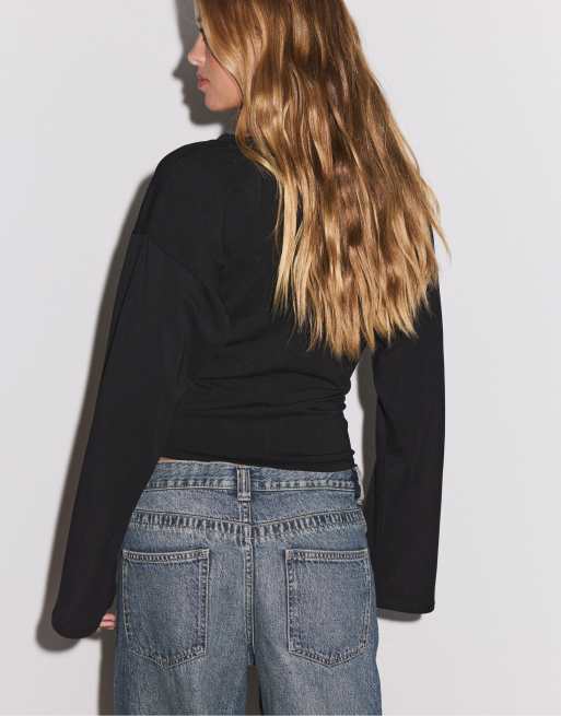 Stradivarius T-shirt nera con scollo a V e maniche a kimono, 3 di 7