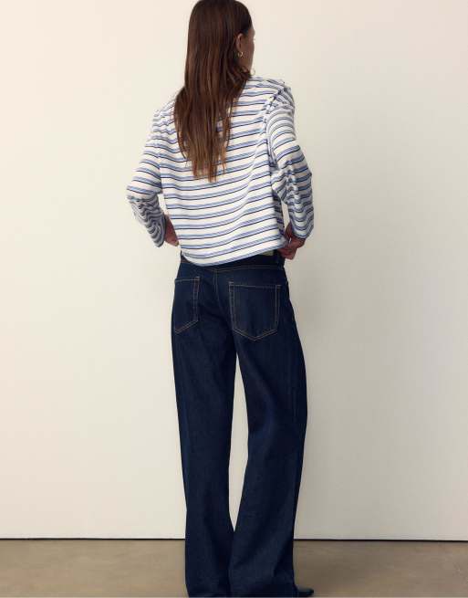 Stradivarius - T-shirt oversize a maniche lunghe blu reale a righe, 3 di 4