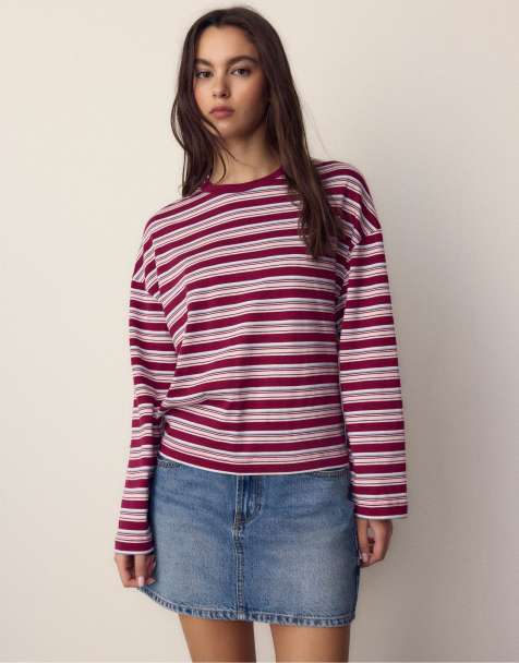 Stradivarius - T-shirt oversize a maniche lunghe bordeaux a righe - view 1