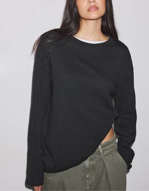 Stradivarius t-shirt oversize a maniche lunghe nera, 4 di 7