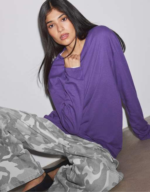 Stradivarius T-shirt oversize a maniche lunghe viola, 4 di 7