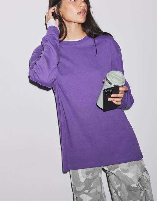 Stradivarius T-shirt oversize a maniche lunghe viola, 5 di 7