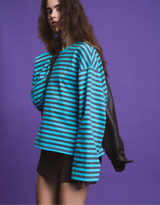 Stradivarius t-shirt oversize à rayures à manches longues turquoise, 2 de 7