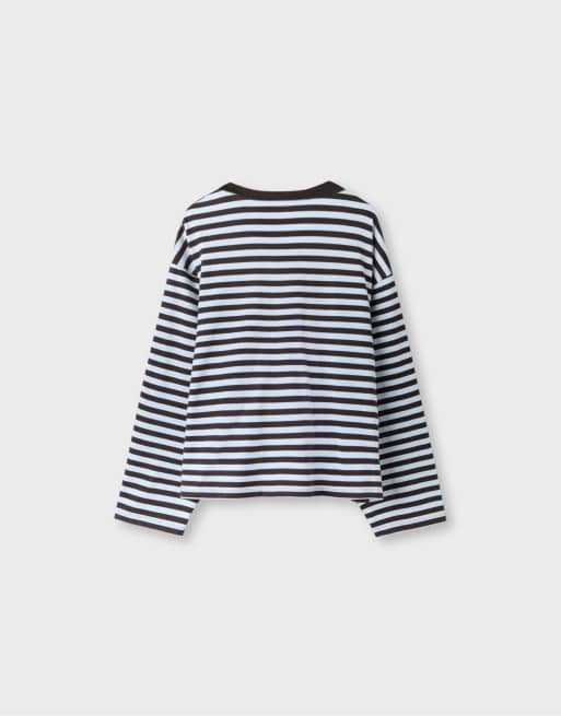 Stradivarius T-shirt oversize a righe a maniche lunghe azzurro cielo, 7 di 7