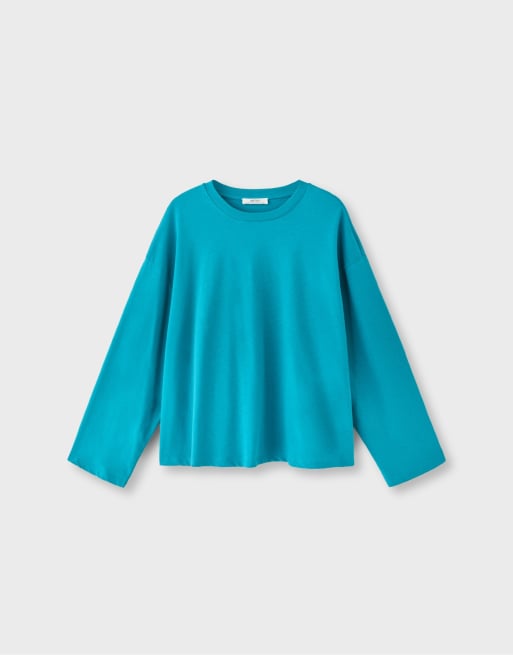 Stradivarius T-shirt squadrata a maniche lunghe turchese, 6 di 7