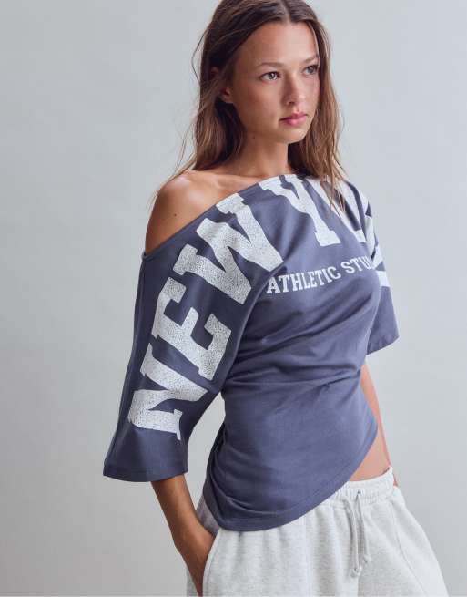 Stradivarius T-shirt stampata arricciata grigio scuro, 5 di 7