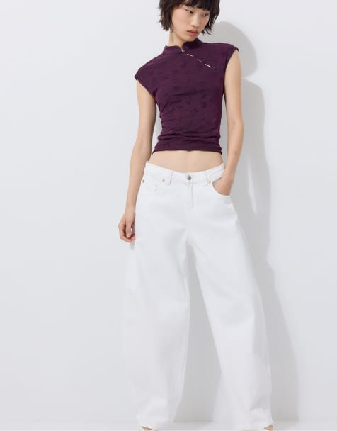Stradivarius - T-shirt style qipao à imprimé floqué - Violet - view 1