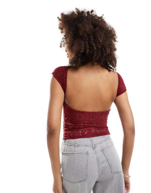 Stradivarius T-shirt van kant met kapmouwtjes en open achterkant