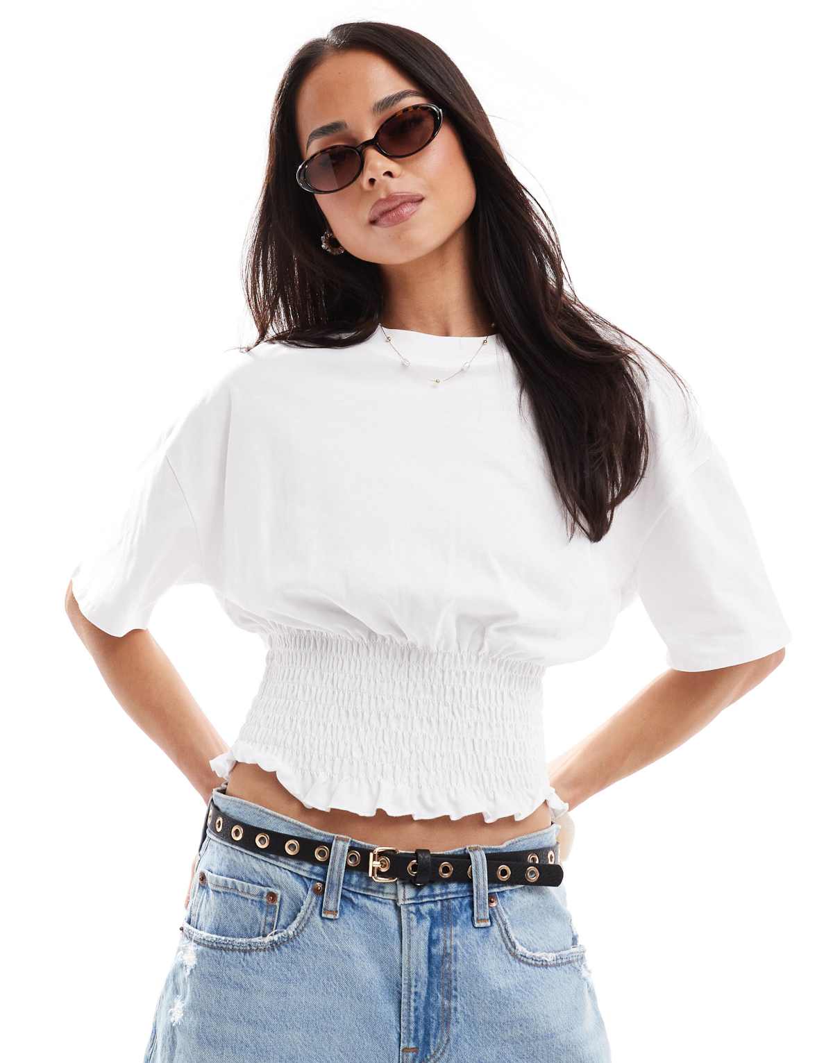Stradivarius t-shirt with gathered top in white
