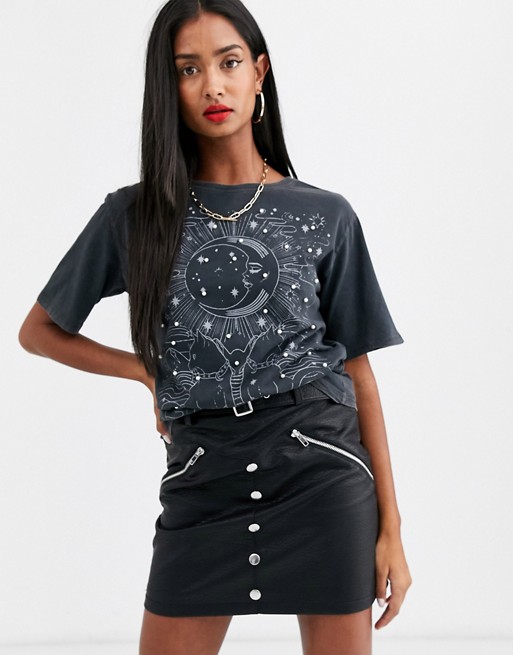 Stradivarius t-shirt with moon print and pearls