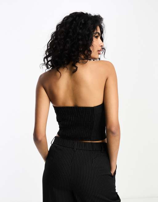 Stradivarius tailored bandeau corset top in black pinstripe 