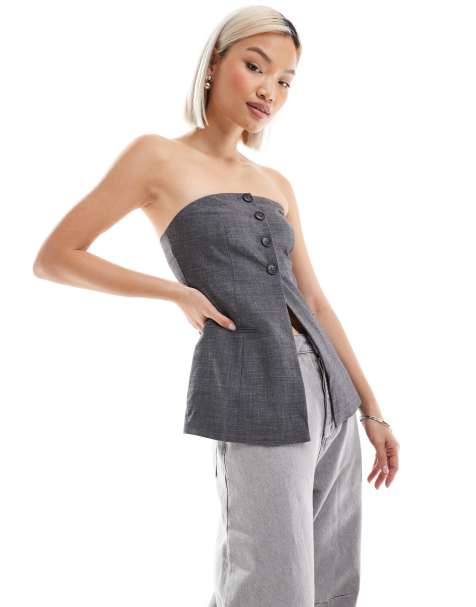 Stradivarius tailored bandeau top in grey - view 1