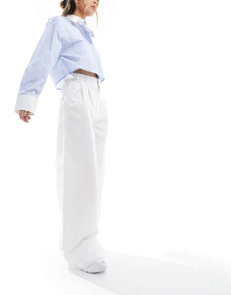 Stradivarius tailored cotton super wide leg trousers in white - view 1