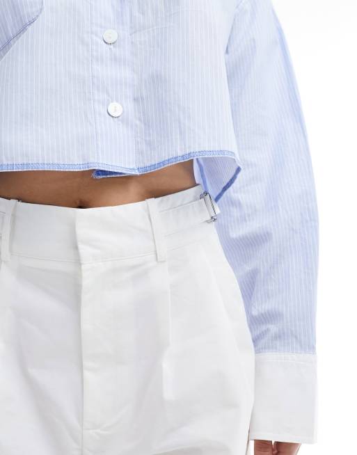 Stradivarius tailored cotton super wide leg trousers in white , 4 of 5