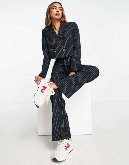 Stradivarius tailored cropped blazer in navy pinstripe co-ord ASOS