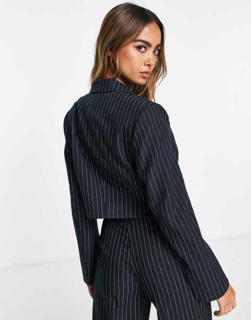 Stradivarius tailored cropped blazer in navy pinstripe (part of a set), 2 of 4