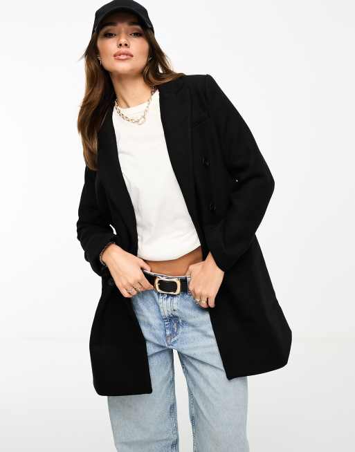 Stradivarius double breasted tailored coat in black