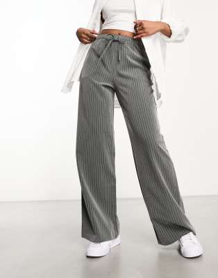 Stradivarius tailored drawstring waist pants in gray pinstripe