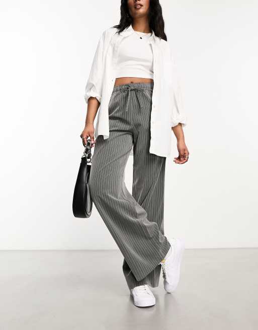 Stradivarius tailored drawstring waist trouser in grey pinstripe