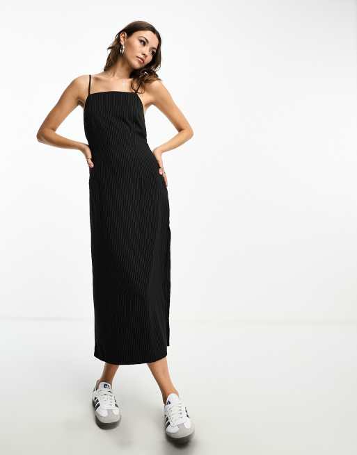 Stradivarius tailored maxi dress in black pinstripe | ASOS