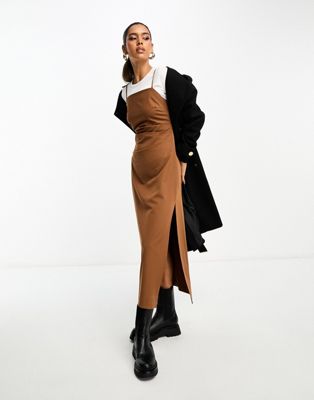 Stradivarius tailored maxi dress in caramel