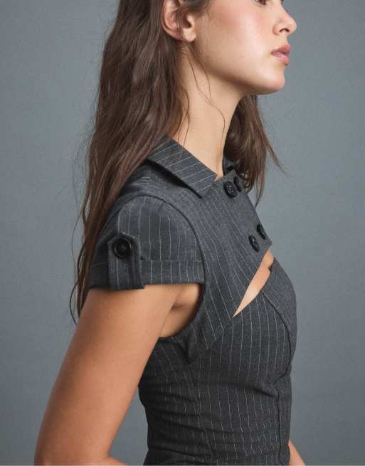 Stradivarius Tailored mini dress with buttons in dark grey, 4 of 7