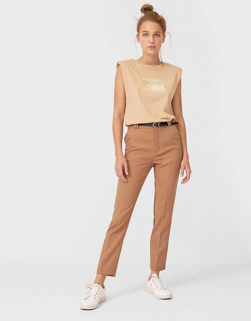Stradivarius tailored pants with belt in camel-Neutral