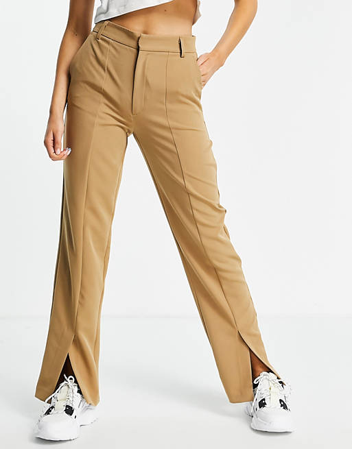 impression Inconsistent obvious Stradivarius tailored pants with slit hem detail in camel | ASOS
