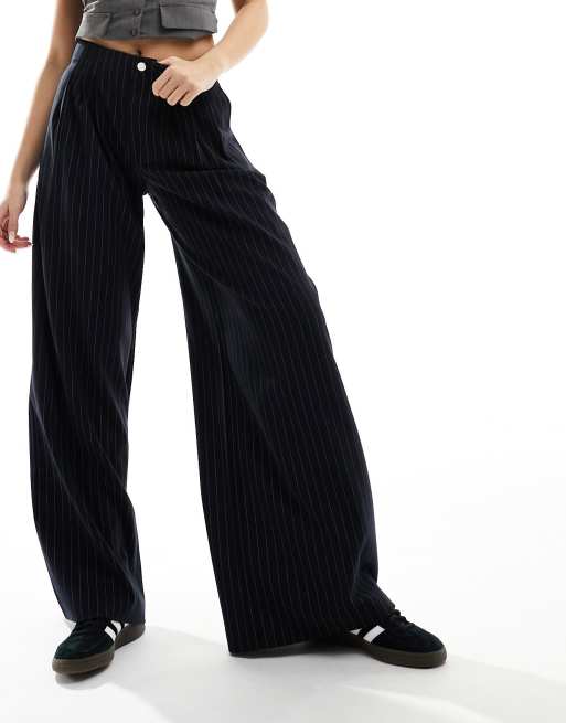 Navy pinstripe wide leg trousers sales