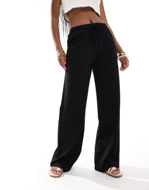 Women's Wide-Leg Trousers, Black, High-Waist & Linen