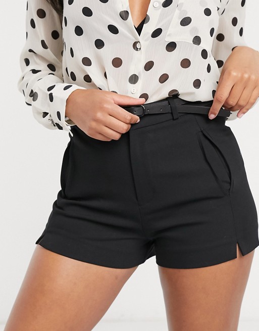 Stradivarius tailored short with faux leather belt in black