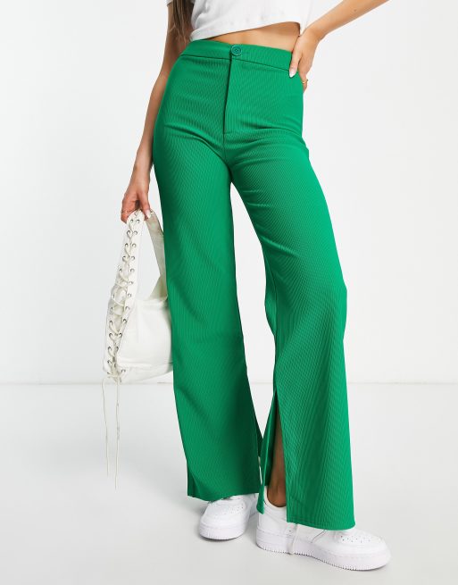 Stradivarius tailored trouser with split hem in green 