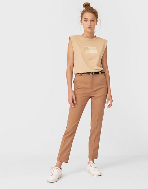 Stradivarius tailored trousers with belt in camel