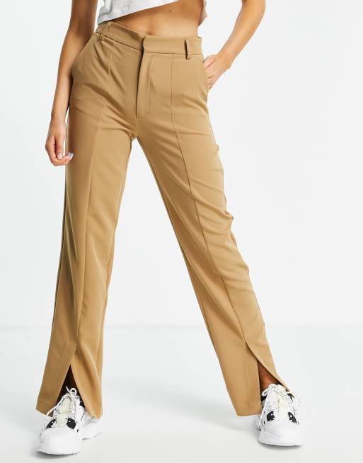 Stradivarius tailored trousers with split hem detail in camel