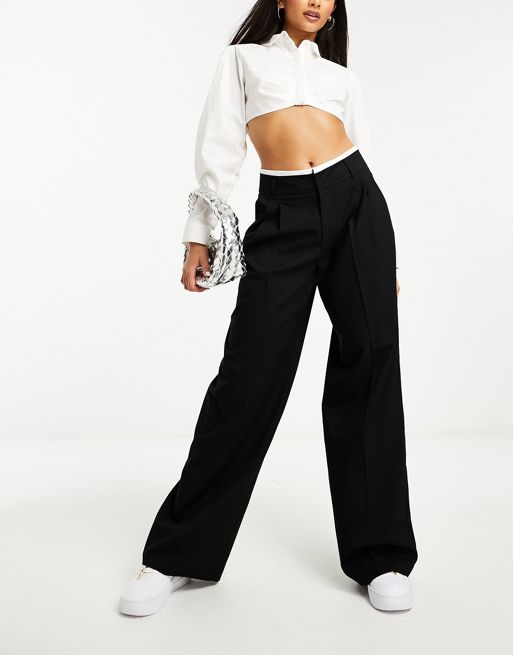 Stradivarius tailored wide leg trouser with double waistband in black ...