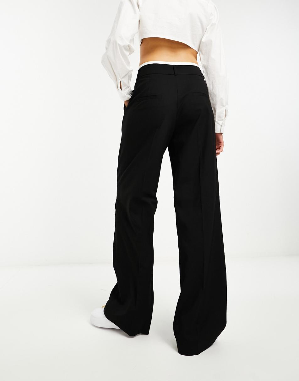 Stradivarius tailored wide leg trouser with double waistband in black