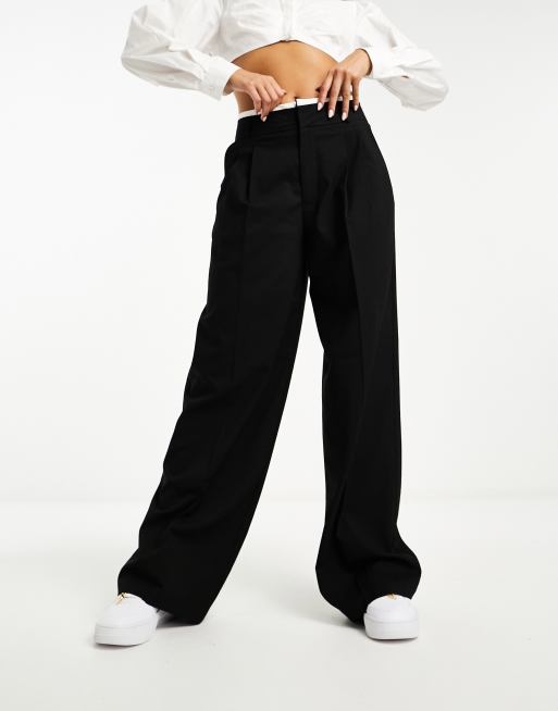Stradivarius tailored wide leg trouser with double waistband in black