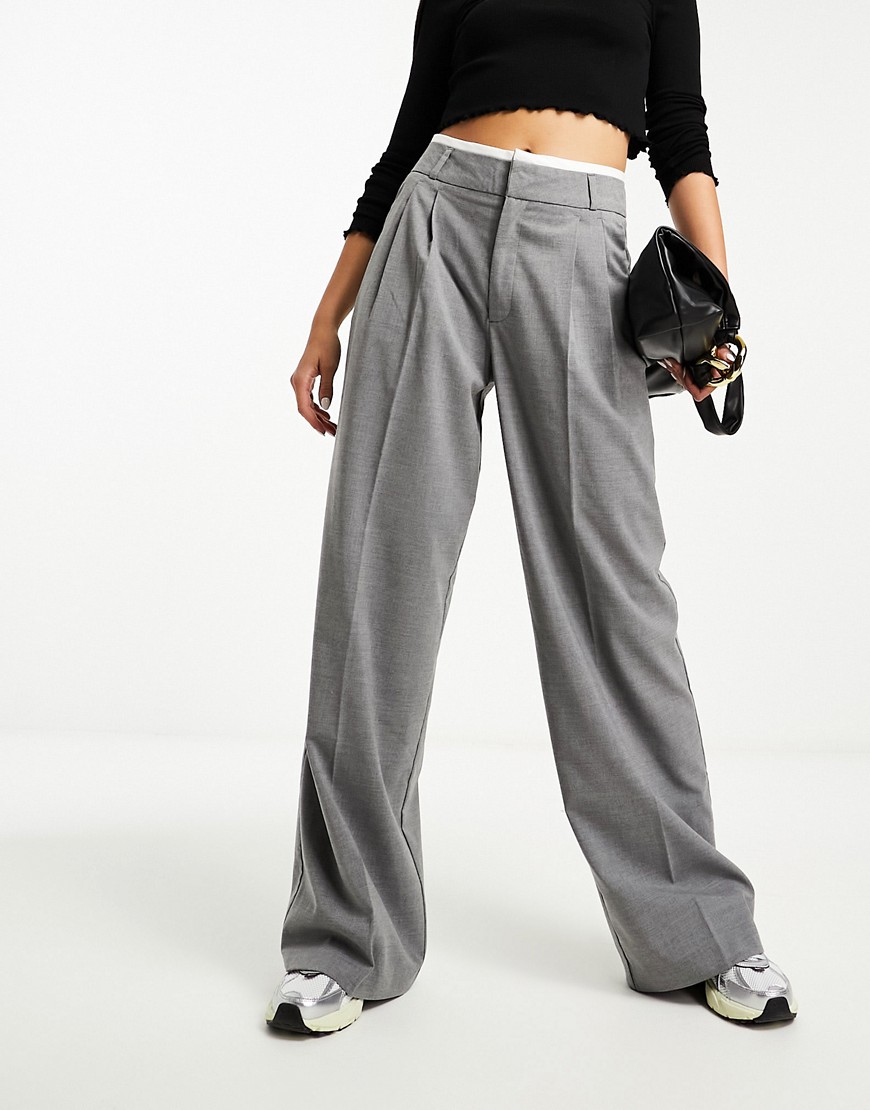 Stradivarius tailored wide leg trouser with double waistband in grey