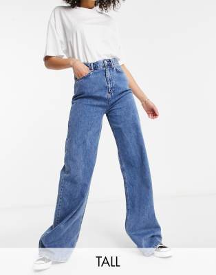 Stradivarius Tall Straight Leg 90s Jeans With Rips in Blue