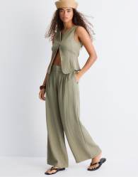 Stradivarius Tall adjustable wide-leg linen-effect trousers in khaki